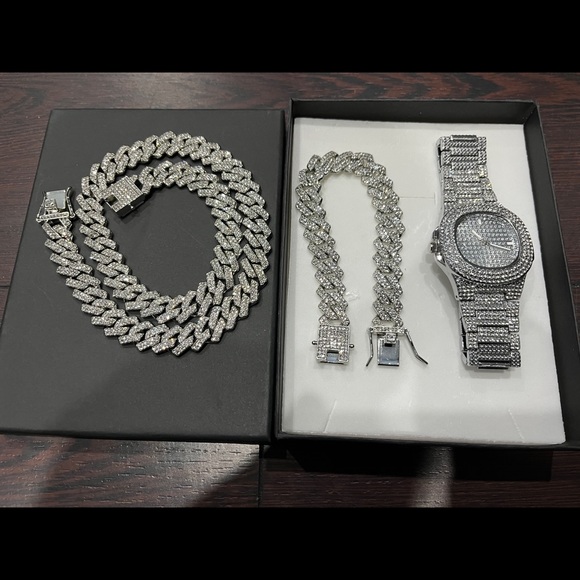 Mens Diamond Watch Chain Bracelet Cuban Link Set Jewellery Iced Out Bussdown - Picture 1 of 10